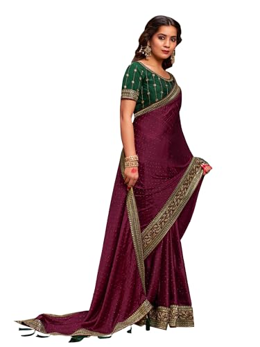 Image of AKHILAM Women's Pink Satin Silk Embroidered Saree with Unstitched Blouse Piece (SANCHI3001 SUM Parent)