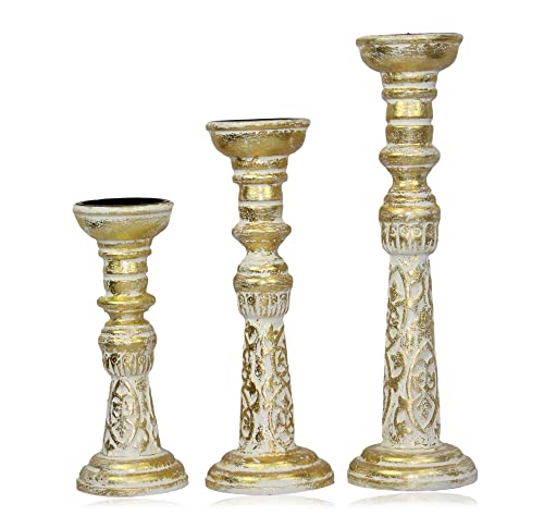 Solid Wood Candle Pillar Holder - Set of 3 Handcarved Candlestick Holder Stand - Boho Rustic Fall Thanksgiving Christmas Holiday Table Centerpiece -17" 14" 11" H- Antique Gold Distressed -COTTON CRAFT Solid Wood Candle Pillar Holder - Set of 3 Handcarved Candlestick Holder Stand - Boho Rustic Fall Thanksgiving Christmas Holiday Table Centerpiece -17" 14" 11" H- Antique Gold Distressed -COTTON CRAFT
