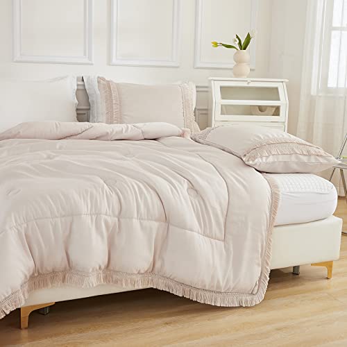 Beige Bedding Comforter King Cream Boho Comforter Set Shabby Chic Home Decor Tufted Tassel Bed Comforter Bohemian Farmhouse Comforter Set 1 Comforter 2 Pillowcases (Beige, King) #TOP3