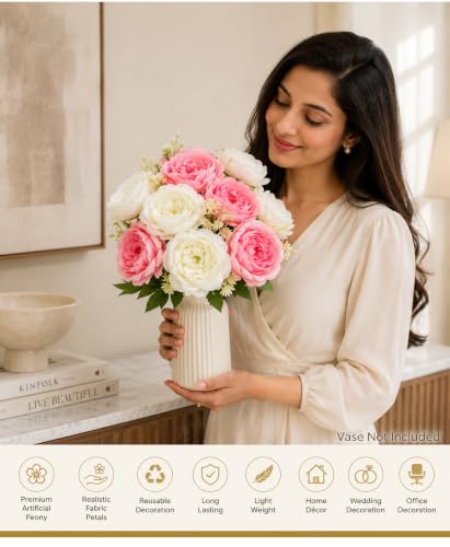 Image of Divyakosh Artificial Flower for Vase's (10 Peony Flowers), Artificial Flowers Bunch (Vase Not Included), Luxury Floral Centerpiece for Living Room Dining Table Office Decor
