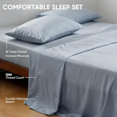 Image of TWK Real 100% Viscose Derived from Bamboo Sheets Set King Size, Cooling & Silky Soft for Hot Sleeper, Breathable & Moisture Wicking Fabric, 18 inch Deep Pocket with Corner Straps (French Blue, King)