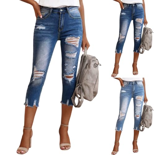 Capri Jeans for Women High Waisted Ripped Stretchy Slim Fit Skinny Jeans Summer Crop Denim Capris Pants with Pockets