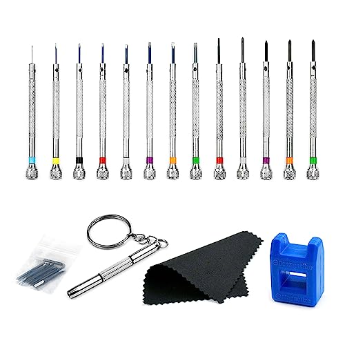 Juego de 13 destornilladores de reparación de relojes, 0,6-2,0 mm ranurado/destornillador cruzado de 1,2 mm a 2,0 mm, kit de herramientas profesionales de relojería con estuche con destornilladores