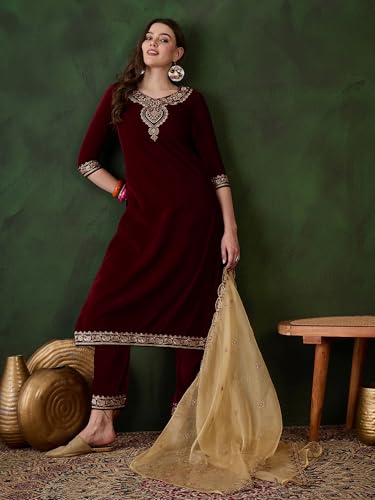 Image of SheWill Kurta Set for Women - Maroon Velvet Zari Sequence Cording Embroidered Kurta with Pant and Cutwork Organza Dupatta