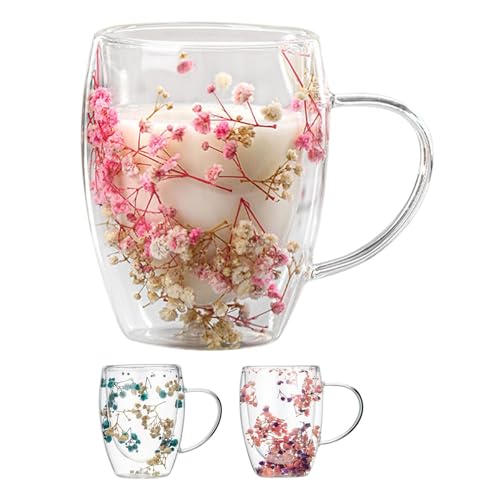 3 Stück Blumen Doppelschicht Glasbecher, Getrocknete Blumen Glas Teetasse, Hitzebeständiger Doppelwandiger Glasbecher Mit Griff, Isolierter Blumenbecher Kaffeetasse Für Kalte Und Heiße Getränke, 350ml