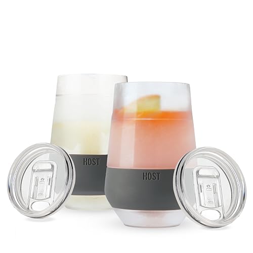 Image of Host Freeze XL Double Wall Insulated Stemless Wine Glasses with Lids for Red and White Wines, On the Go Drink Chiller Tumblers for Beverages, Travel Gifts for Women and Moms, 12 oz, Set of 2, Gray