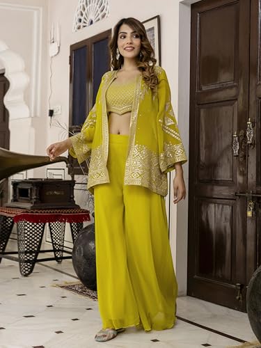 Image of TRENDMALLS Women's Georgette Embroidery Sequence Work Crop Top with Flared Palazzo and Shrug Set Ethnic Salwar Set