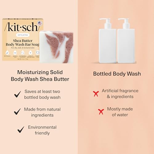 Image of Kitsch Shea Butter Exfoliating Body Wash Bar Soap - Super Hydrating with Plant-Based Exfoliating Body Scrub - Moisturizing Skin Care - Paraben, Silicone & Sulfate-Free, Vegan - Made in USA, 4 oz