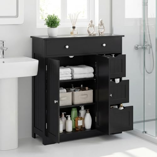 Image of Tangkula Bathroom Floor Cabinet, 4 Drawers, 2 Doors Cabinet (Black) | Large Modern Freestanding Storage Cabinet, Adjustable Shelf, for Bathroom Living Room Entryway Kitchen