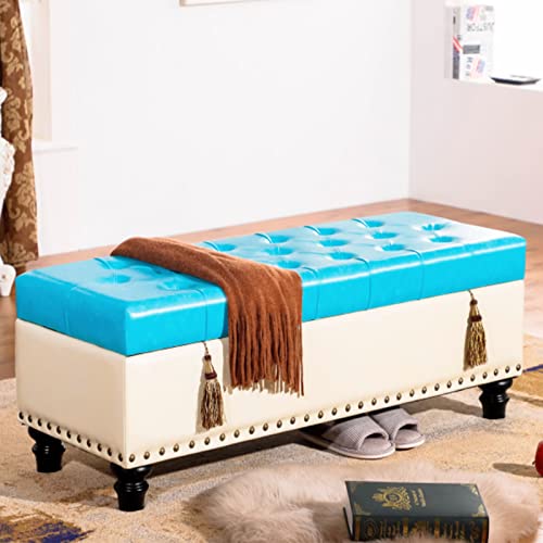 Banco otomano de cuero premium azul con detalles de tachuelas y acabados de lujo para el hogar 2