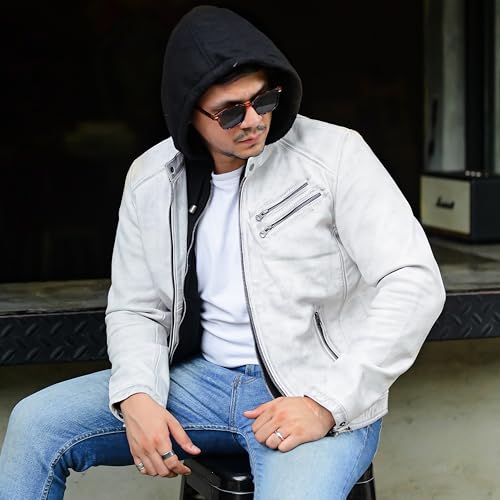 Image of Jild Hooded 2.0 Leather Jacket Men - Genuine Lambskin Leather Bomber Jacket with Removable Hood for Mens Fashion