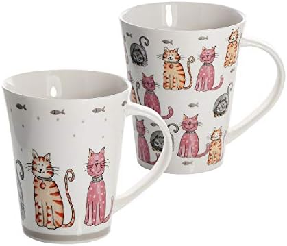 SPOTTED DOG GIFT COMPANY Cat Mugs, Cat Coffee Mug Set, 12 oz Cute Ceramic Porcelain China Coffee Tea Mugs Cups, Happy Cats Themed Gifts for Cat Lovers and Animal Lovers Women Men, Set of 2