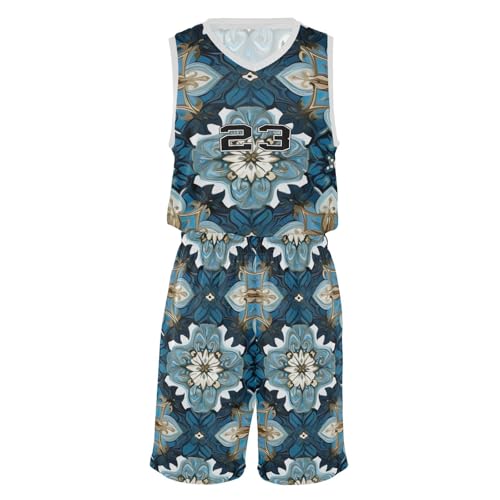 FLildon Mexican Talavera Tile Blue Boys Basketball Jersey Set Tank Top Shorts Tracksuit Sport Training Suit for Kids, L