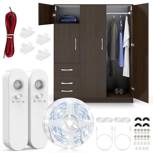 Hoobabuy Striscia LED con Sensore di Movimento e Sensore Luce, Batteria Ricaricabile, Rilevatore di Movimento, Illuminazione per Armadio, Scale, Cucina, 5M, Bianco Freddo 6500K