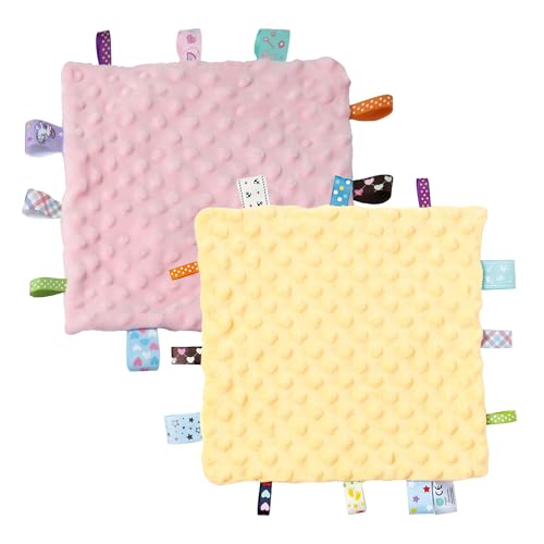 Image of CREVENT Security Blanket for Babies, Soft Baby Lovey Comforter, Sensory Plush Blanket for Baby Girls, Calming Sleep Companion, 10 inch x 10 inch 2pcs