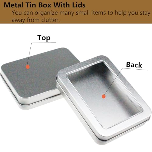Image of AKOAK 4 Pcs Metal Rectangular Empty Hinged Tins, 3.4x2.4x0.7 Inch Portable Clear Top Box Containers Small Storage Kit with Lid, Home Organizer for Storage Drawing Pin Candies Jewelry Crafts, Silver