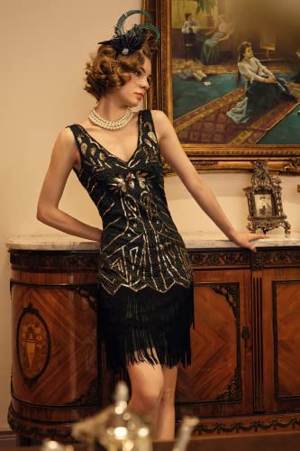 Image of BABEYOND Women's Flapper Dresses 1920s V Neck Beaded Fringed Great Gatsby Dress