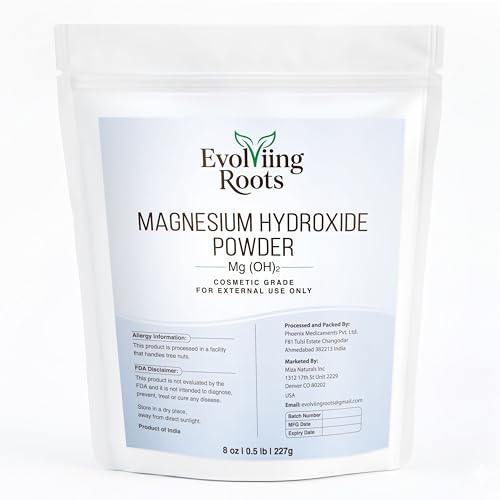 Evolviing Roots Magnesium Hydroxide Powder 8 oz (227g / 1/2 lb) Fine Cosmetic Grade Mineral Powder for DIY Personal Care Deodorant Formulas Toothpaste Face Masks & External Use Applications