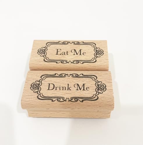 CHYHMYT - Wooden Rubber Eat me Drink me Stamp -for Alice in Wonderland Party Tags, Labels, Favors Tea Party Mad Hatter (Eat Me+Drink Me)