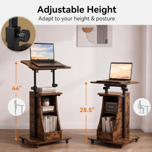 Image of POWERSTONE Sit to Stand Mobile Lectern Teacher Podium Stand Rustic Brown | Rolling Laptop Desk Cart with Storage Shelves, Casters, Swivel Top, Height Adjustable, for Classroom, Concert, Church