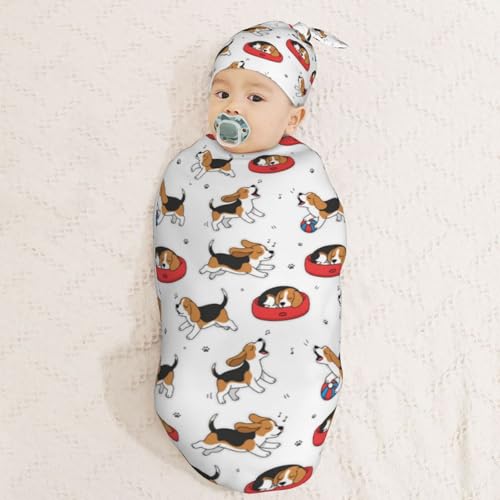 Image of Cute Beagle Dog Newborn Swaddle Blankets Hat Sets Soft Baby Receiving Blanket Swaddle Sack for Baby Shower Infant Boy Girl Gift