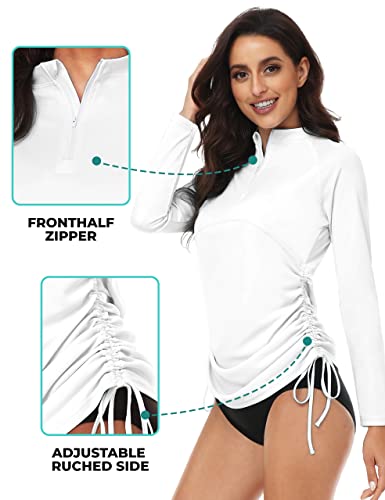 Desol Rash Guard For Women, Long Sleeve Half Zip Neckline Upf 50+ Sun Protection Swim Shirt, Quick Dry&Side Adjustable White #TOP1