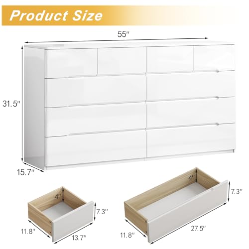 Image of 10 Drawer White Dresser for Bedroom, 55 inch Long Dresser Chest of Drawers, Large High Gloss Modern Storage Cabinet with Big Drawers Handle Free, Living Room, Entryway, Hallway
