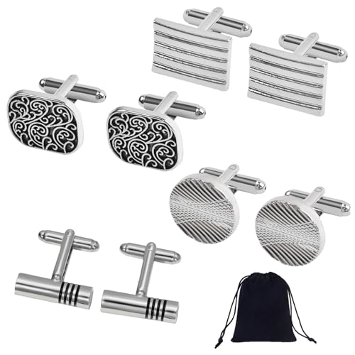 4 Pairs Cufflinks For Men Classic Silver Shirt Mens Cufflinks For Wedding Business Graduation Gift Comes With A Velvet Pouch