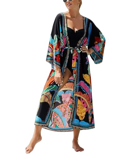 Women’s Kimono Cover Up Long Beach Dress Swimsuit Cover Ups Colorful Cardigan Lightweight Robe for Swimwear