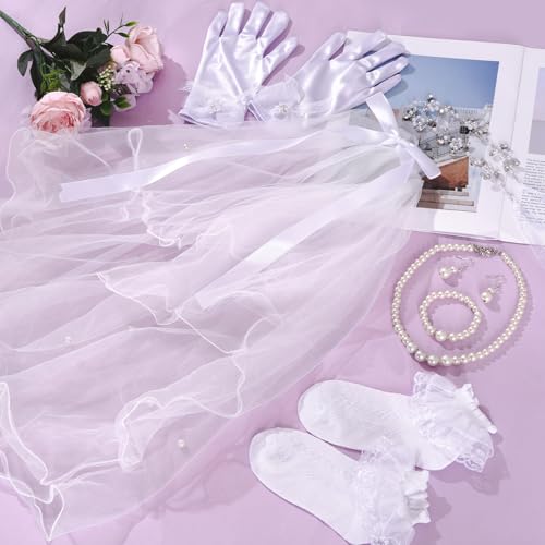 Lystaii 7 Pcs Girls First Communion Veils Set First Holy Communion Floral Crown White Wreath Bow Veil Gloves Sock Pearl Necklace Bracelet Earring Accessories for Wedding3