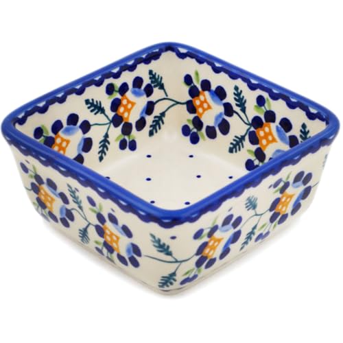 Authentic Polish Pottery Square Bowl 4-inch in Orange And Blue Flower Design Handmade in Boles?awiec Poland + Certificate of Authenticity