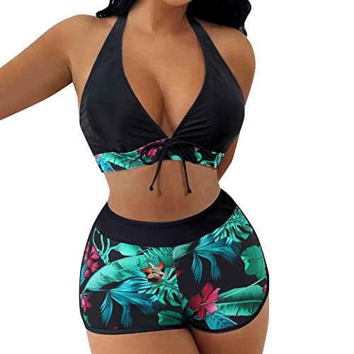 Conjunto de Dos Piezas para Mujer con Estampado Tropical y Shorts de baño Traje de baño Tankini de Mujer Ideal para Playa y Piscina Estilo Femenino y cómodo (Black, S)