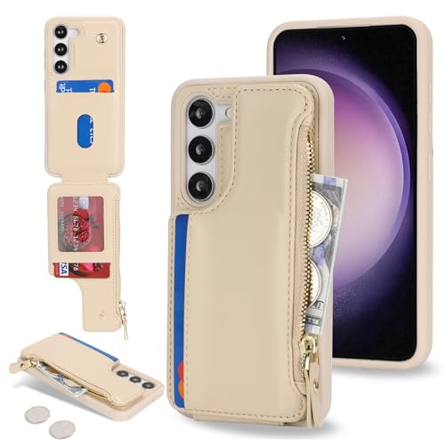 Poche zippée et fentes pour cartes sur cet étui portefeuille Samsung S23 en cuir crème