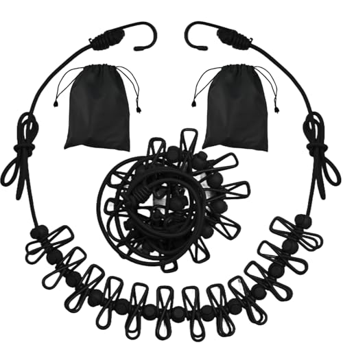 2 Pack Camping Clothesline Portable 12 Clothespins, Black Camping Accessories Travel Clothesline for Outdoor Indoor, Retractable Clothes Line Elastic Clothesline for Camper Hotel Room