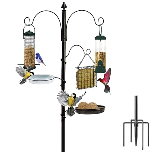 Bird Feeding Station for Garden Heavy Duty Freestanding Bird Feeder Pole with 3 Hanging Hooks 2 Trays Bird Bath & Seed Dish Outdoor Bird Feeders for Small Birds Hanging Feeders & Accessories