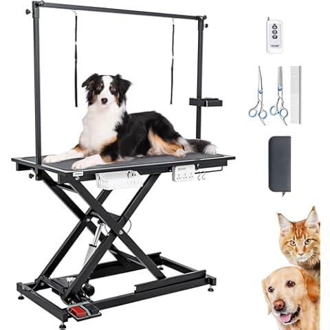 CIRONBOW 50'' Electric Dog Grooming Table, Adjustable X Lift Heavy Duty Dog Grooming Table for Large Dogs with Anti-Skid Tabletop & Grooming Scissors & Wireless Remote &Tool Organizer & Arms, Black Cover