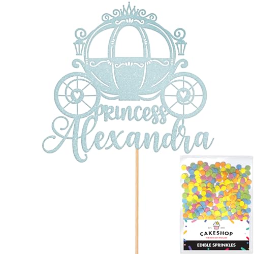 Personalised Princess Carriage Glitter Cake Topper- Light Blue Any Custom Name Glitter Cake Decoration and Sprinkles - Happy Birthday Decorations - Personalised Toppers for Cakes by Cakeshop