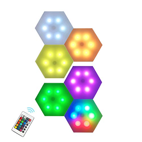 qlee Smart hexagon LED-lampor fjärrkontroll gör-det-själv geometri sexkant beröringskänslig RGB färgglada väggmonterade paneler pucklampa för sovrum vardagsrum hall fest firande dekor nattlampa (6-pack)