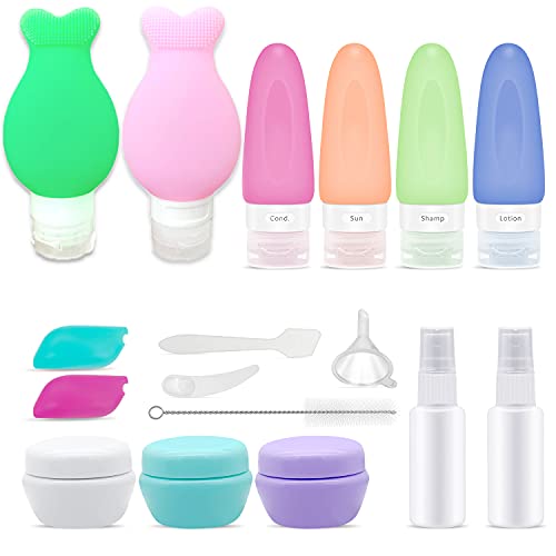 Silicone Travel Bottles 17 Pcs TSA Approved BPA Free Travel Containers Food-grade Spray Bottles Cream Jars for Shampoo Leak-proof Cosmetic Toiletry Travel Containers with Brush Tag