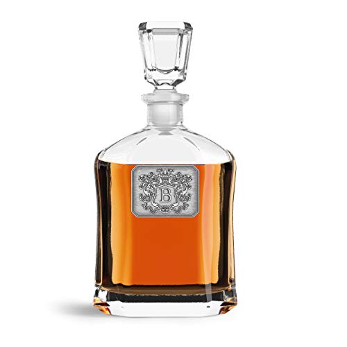 Personalized Whiskey Decanter Bottle Glass – Monogram Initial Pewter Engraved Crest - Novelty