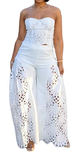 Qikaka Women's 2 PCS Lace Tube Tops Bodycon Wide Leg Pants Sexy Nightclub Party Tracksuit Outfits Set - Main Image