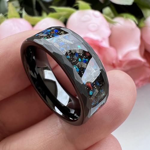 TUTISS 8mm Hammered Tungsten Engagement Ring with Genuine Opal Meteorite Inlay