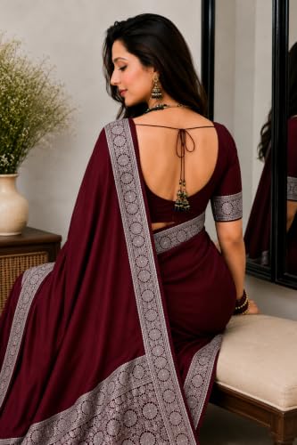 Image of Women's Glory Banarasi Satin Kanjivaram Saree Silver Zari Border Pure Soft Blend Silk Sari Kanchipuram Paithani Silk Party Wedding Festive New Ladies Sadi with Unstiched Blouse Piece.