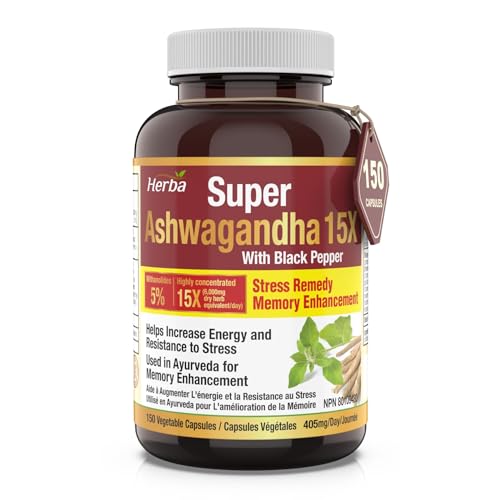 Herba Ashwagandha Supplement – 150 Capsules | 6000mg Per Day | 15:1 Extra Strength Ashwagandha Capsule with Black Pepper | Adaptogen for Energy & Stress | Made in Canada