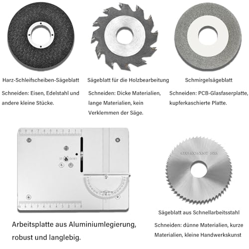96W Tischkreissäge mit 4 Klingen, 7-Gang-Netzteil Mini Tischsäge Tragbare Präzisions Schneidmaschine 0,1-15mm Einstellbarer Multifunktionale Kleine Table Saw für Holzbearbeitung