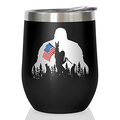 Joyloce Bigfoot American Flag Camping Wine Tumbler, Happy Camper Coffee Mug Cup, Campsite Stemless Tumblers With Lid Insulated Vacuum 12 Oz, Gifts For Men Women Camper RV Travel Outdoors Hiking