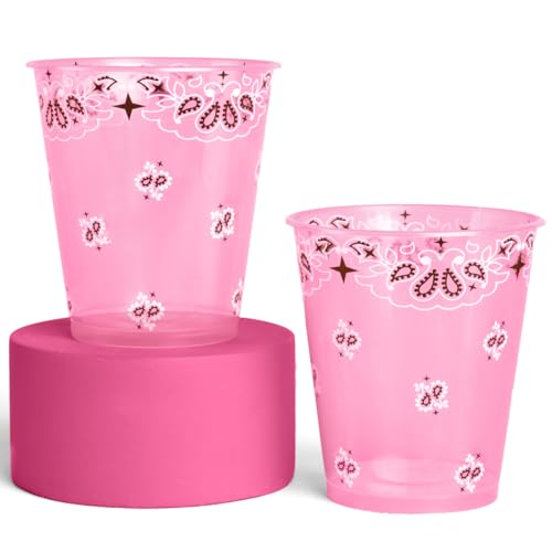 xo Fetti Cowgirl Plastic Cups - Set of 16 12oz | Western Party Pink Cowgirl Rodeo Cups Bandana Print Girls Birthday Boot Decorations