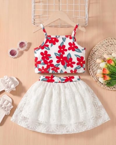 Image of TAGAS Girls Girls Floral Crop Top and White Lace Skirt Set - Summer Sleeveless 2-Piece Outfit with Bow Belt - Casual Party Dress for Kids
