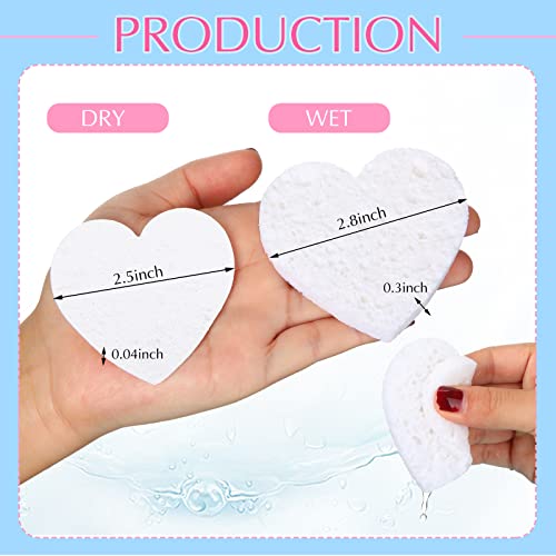 Nuenen 60 Pieces Facial Sponges with Container, Heart Shape Compressed Face Sponges Natural Cleaning Pads for Washing Face Cleaning Exfoliating Esthetician Makeup Removal(White)