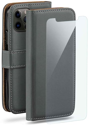 Coque iPhone 12 Pro Max moex portefeuille gris foncé rabat simili cuir et film protection